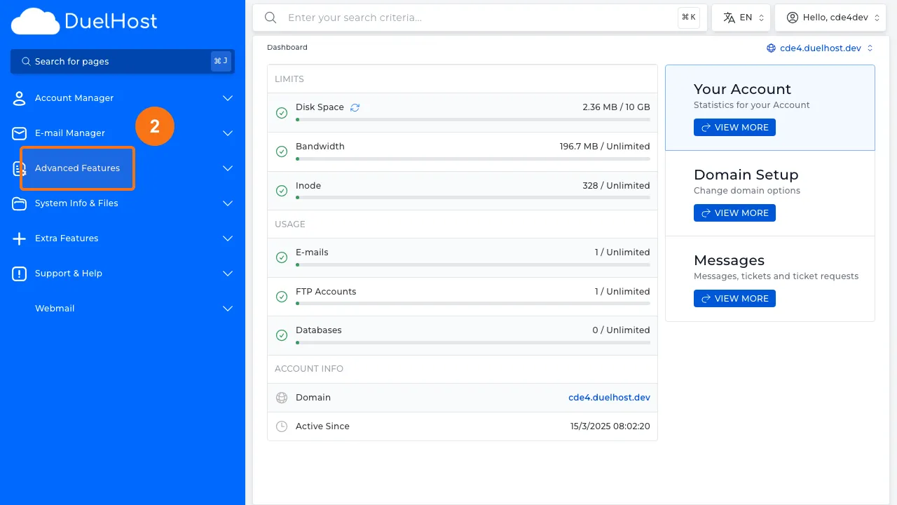 Step 2: Click "Advanced Features" in the sidebar