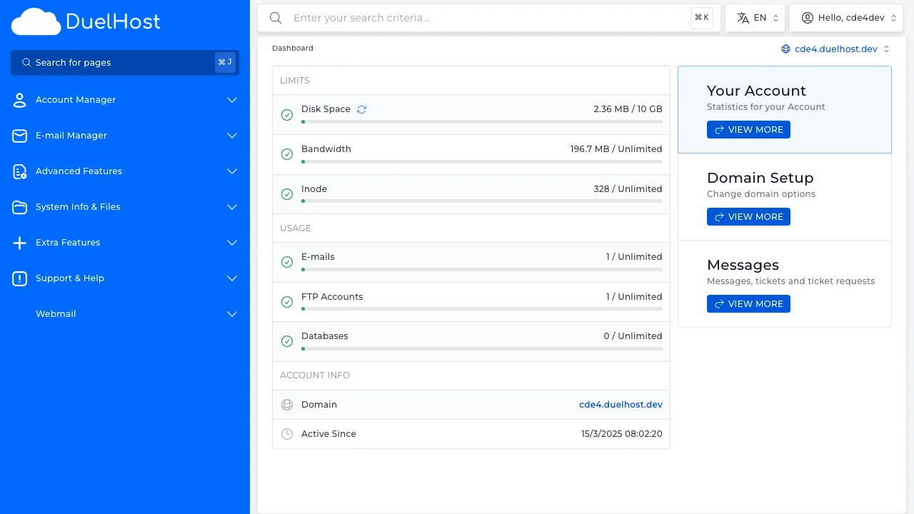 Step 2: View the dashboard layout with an overview of your hosting