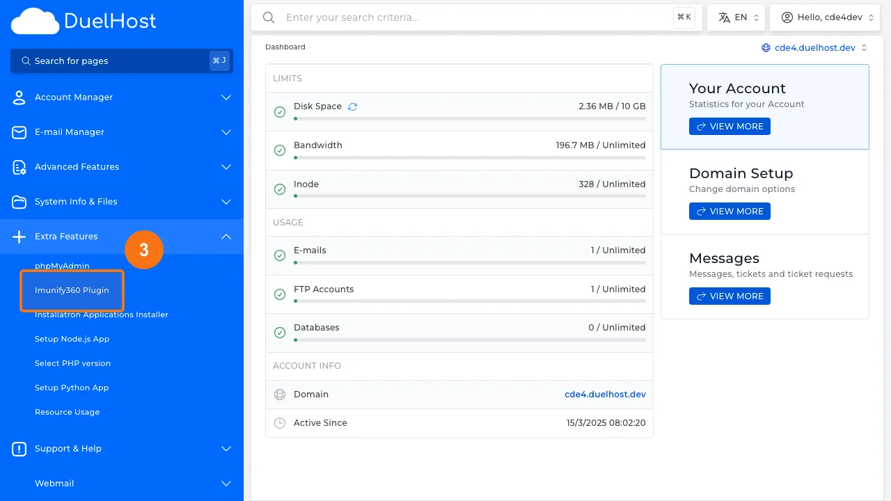 Step 3: Click "Imunify360 Plugin" to open the malware scanner