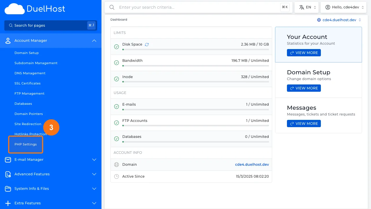 Step 3: Click "PHP Settings" to open PHP configuration