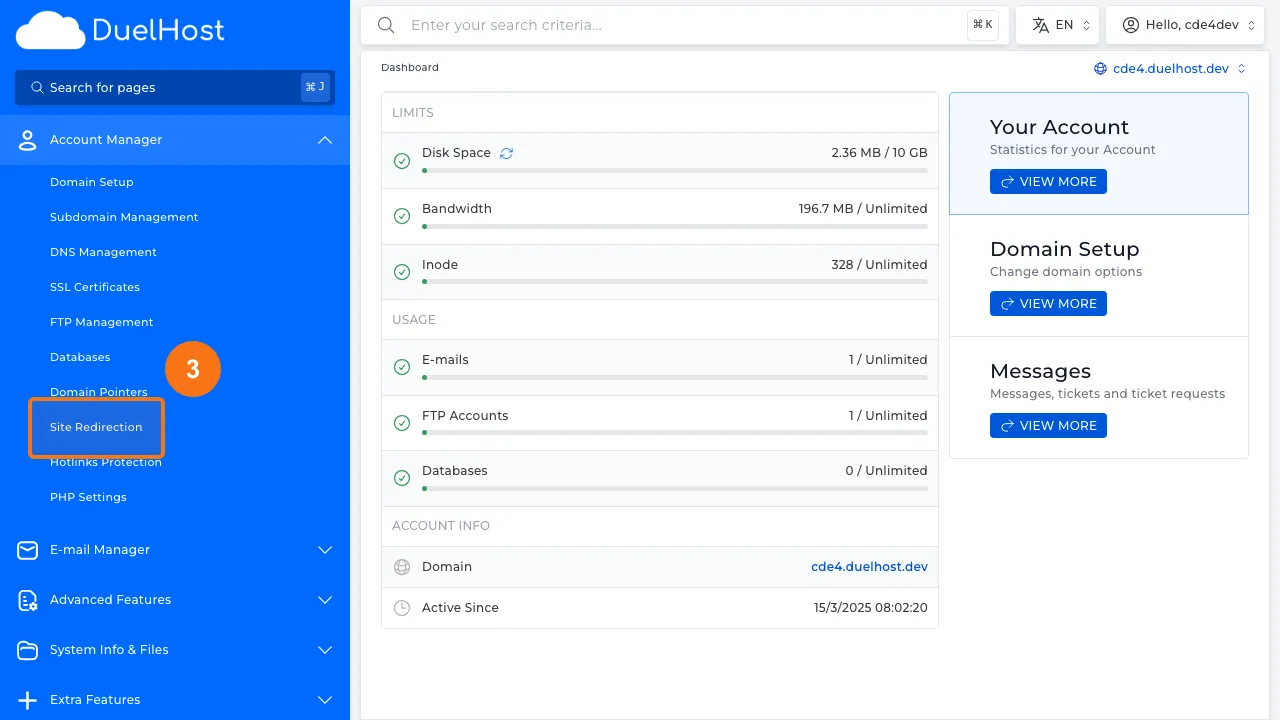 Step 3: Click "Site Redirection" to open redirection settings