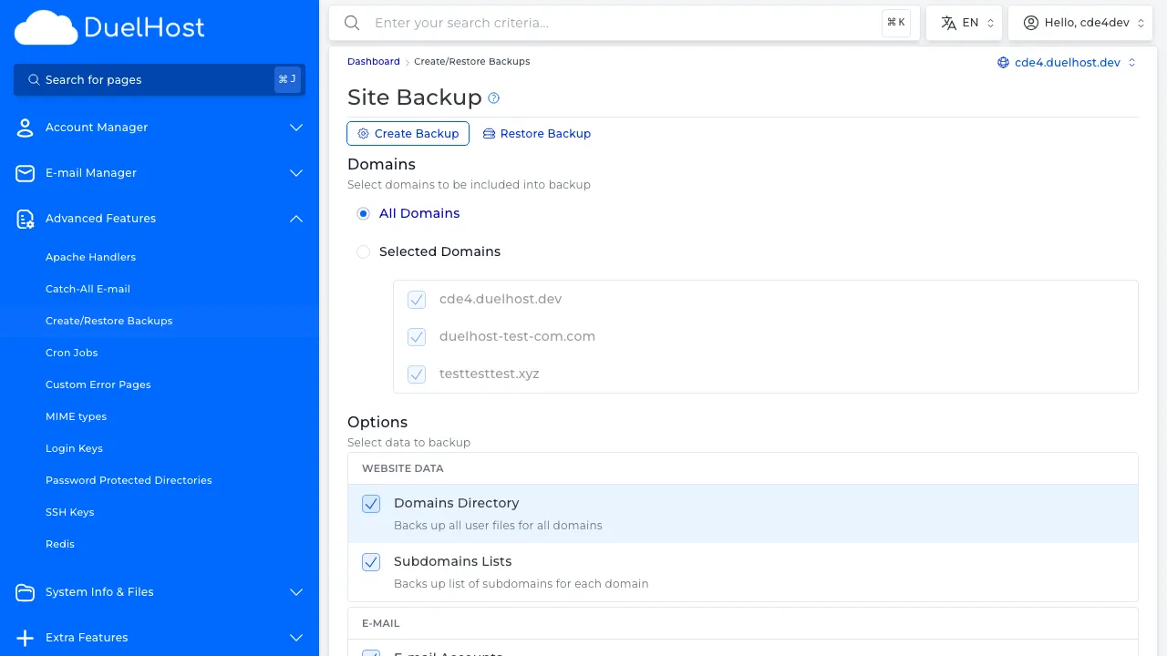 Step 4: View backup options for files, databases, and email — do NOT click "Create Backup"