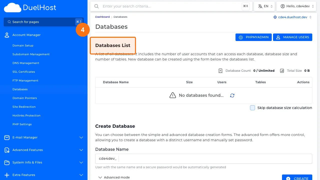 Step 4: View the database list and the creation form below