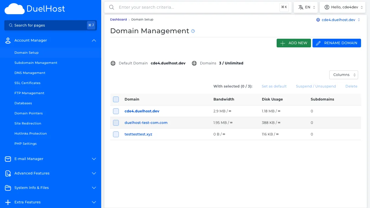 Step 4: View the list of existing domains