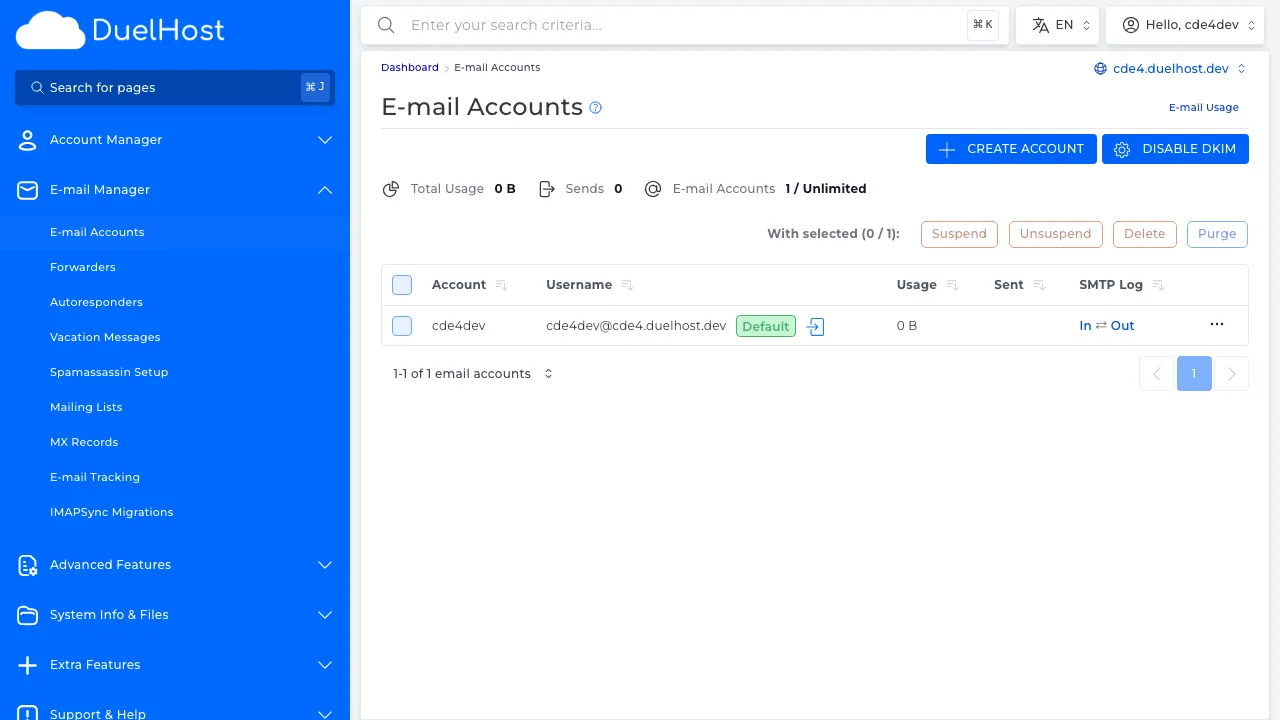 Step 4: View email accounts and check quota/status
