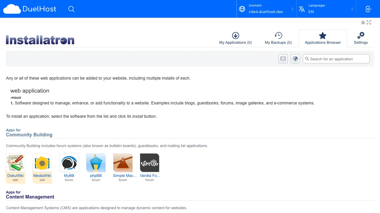Step 4: View the Installatron overview — scroll down to "Content Management" to find WordPress