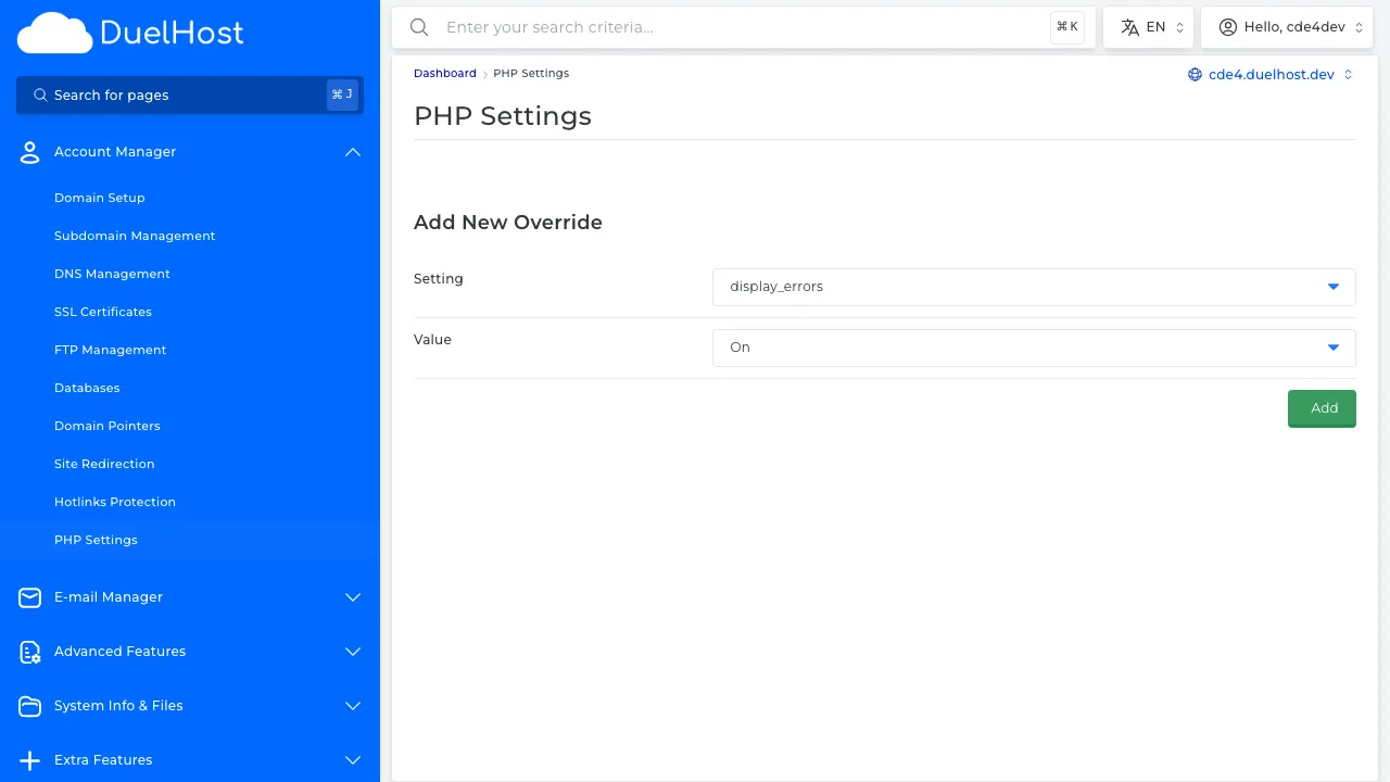 Step 4: View PHP settings — here you can add overrides for PHP directives like memory_limit and upload_max_filesize
