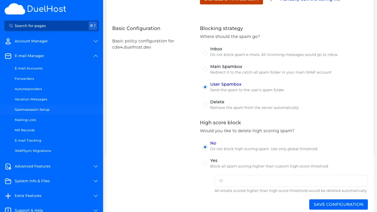 Step 4: View the SpamAssassin configuration — enable/disable the filter and adjust the spam score (lower = more aggressive)