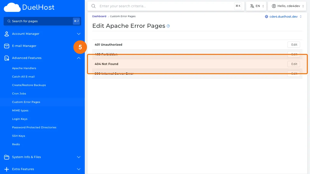 Step 5: Click the 404 error code to edit the custom error page