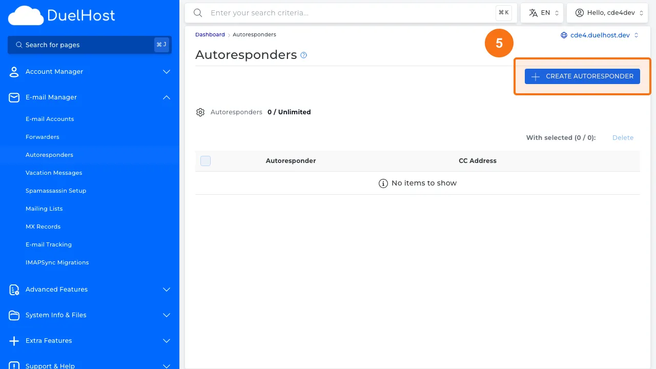 Step 5: Click the create button to set up a new autoresponder
