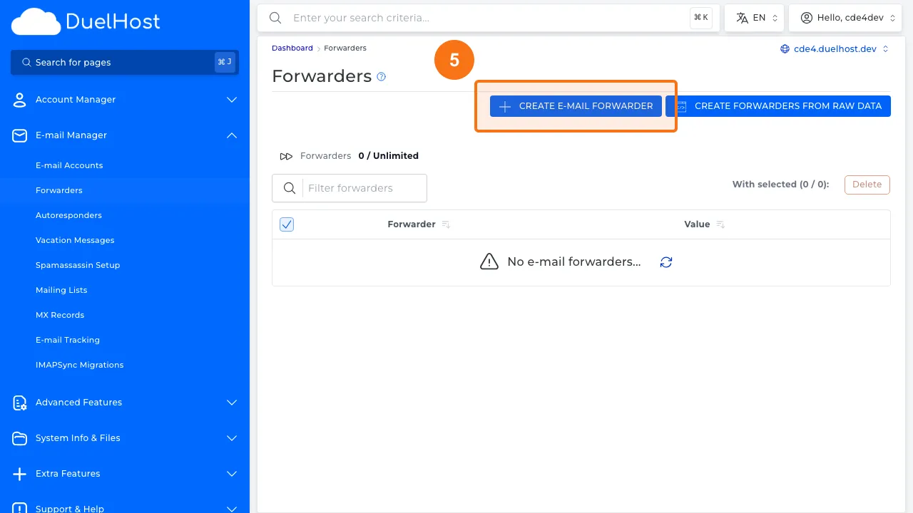 Step 5: Click "CREATE E-MAIL FORWARDER" to open the form