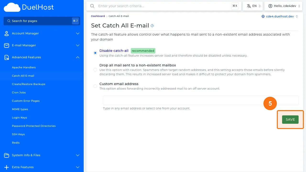Step 5: Select an action (e.g. 'Forward to address' and specify an email) — then click 'SAVE' to save