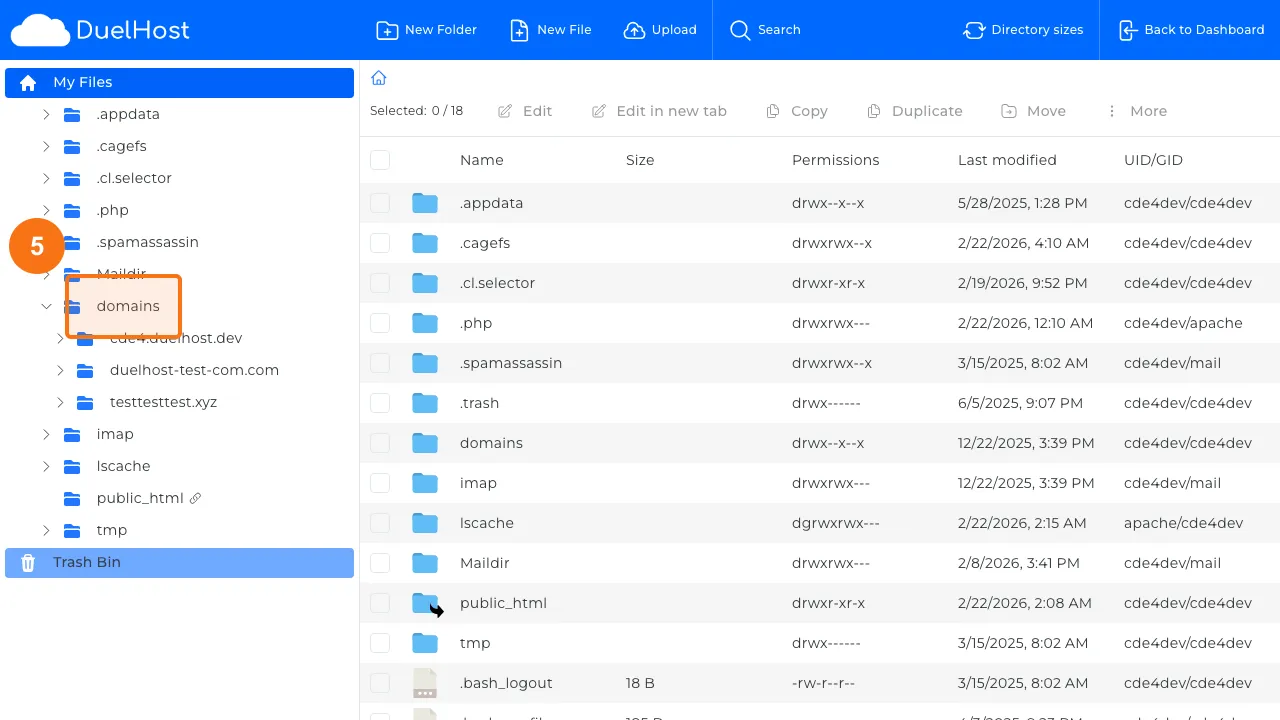 Step 5: Navigate to the domains/ folder by clicking "domains"