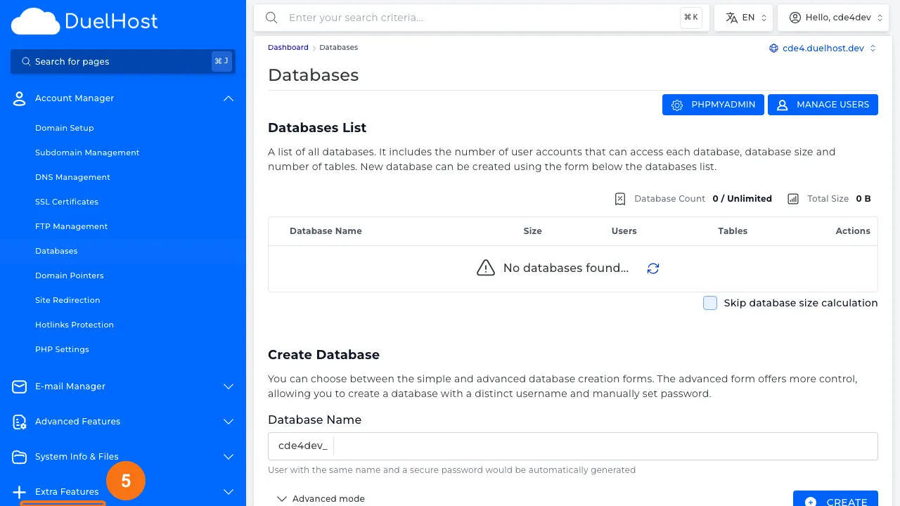 Step 5: View the "PHPMYADMIN" button in the top right — click to open phpMyAdmin