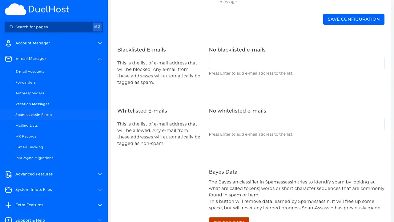 Step 5: Scroll down to view the whitelist and blacklist — here you can add senders that are always allowed or blocked
