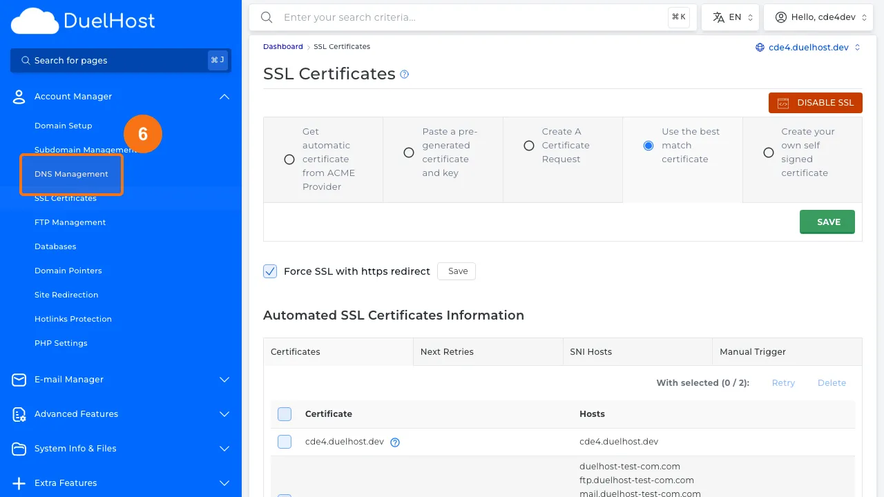 Step 6: Click "DNS Management" to check CAA and A records
