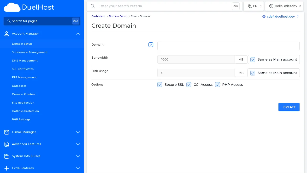 Step 6: View the form — enter the domain name and then click 'CREATE' to create