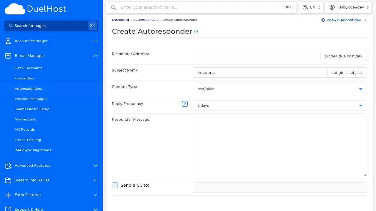 Step 6: View the form — select the email account, write the message and specify dates, then click 'CREATE' to save