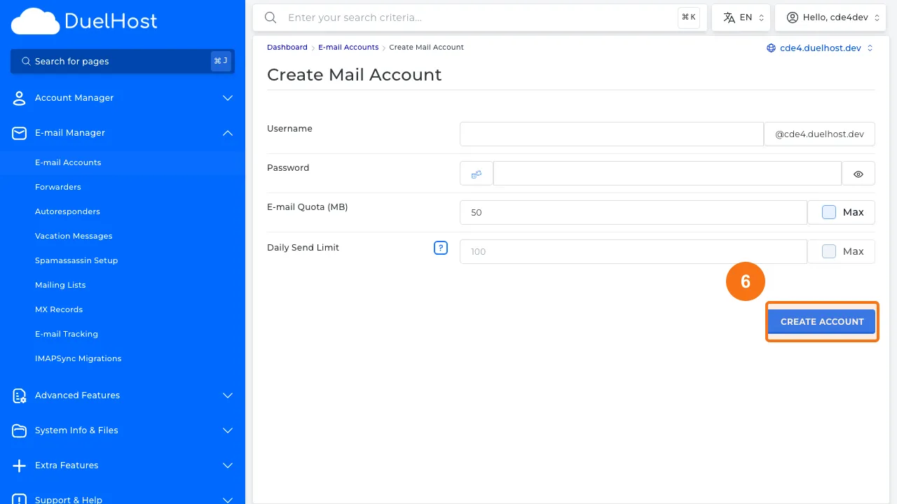 Step 6: Fill in the username, password, and quota — then click "CREATE ACCOUNT"