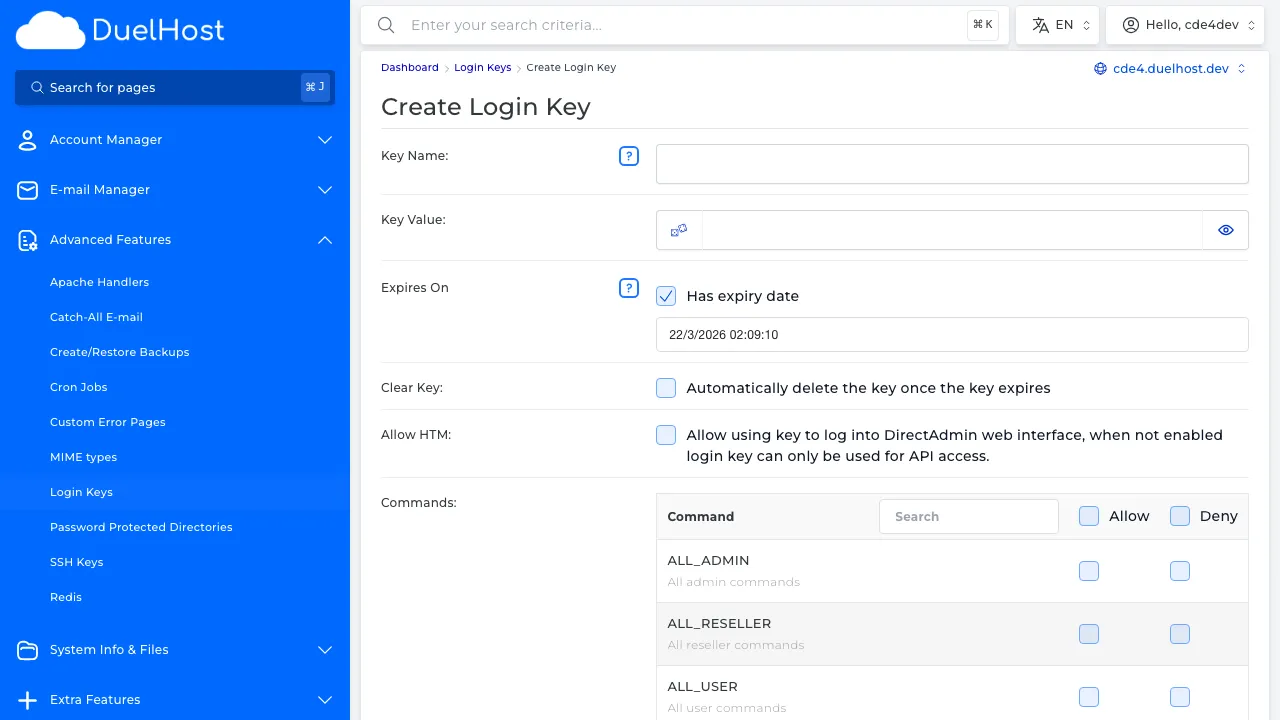 Step 6: View the form — specify the key name, permissions, and expiration date, then click to create