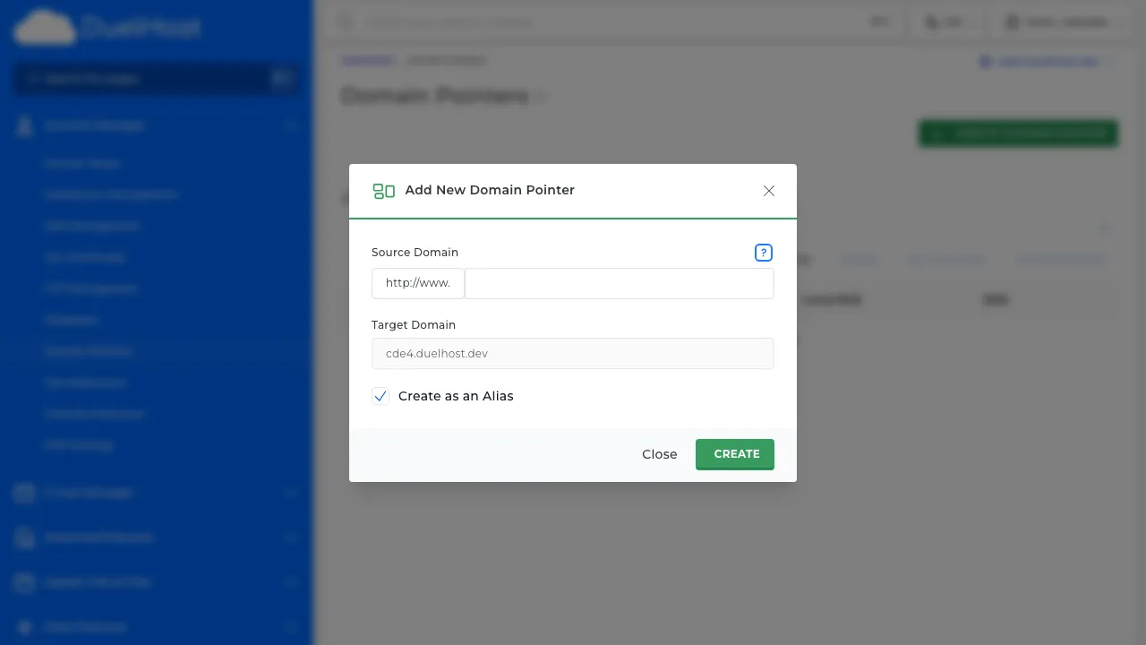Step 6: View the form — enter the domain name and select the type (alias or redirect), then click to save