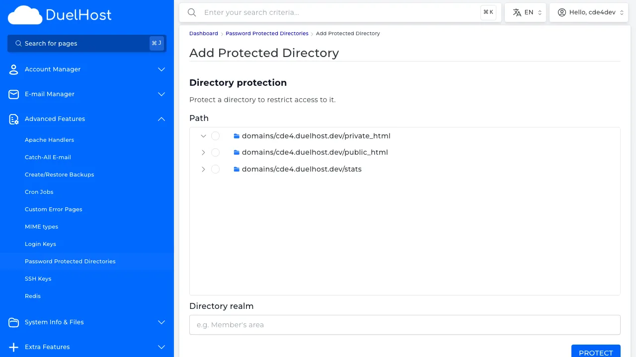 Step 6: View the form — select the directory, create a username and password, then click to save