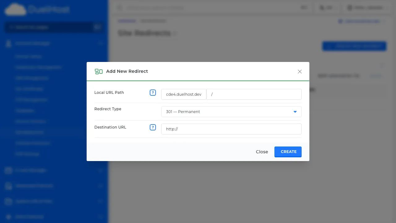 Step 6: View the form — enter the source path and destination URL, select the type (301/302), then click to save