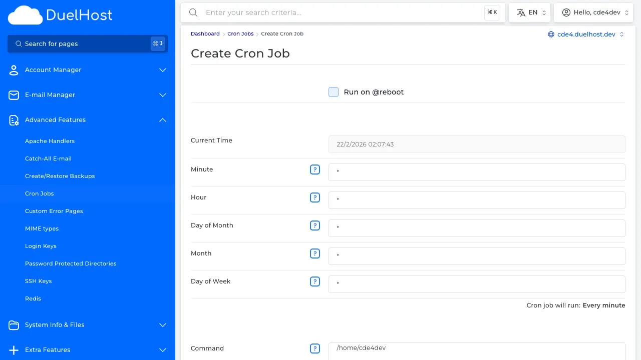 Step 6: View the form — specify the schedule and command, then click 'CREATE' to save