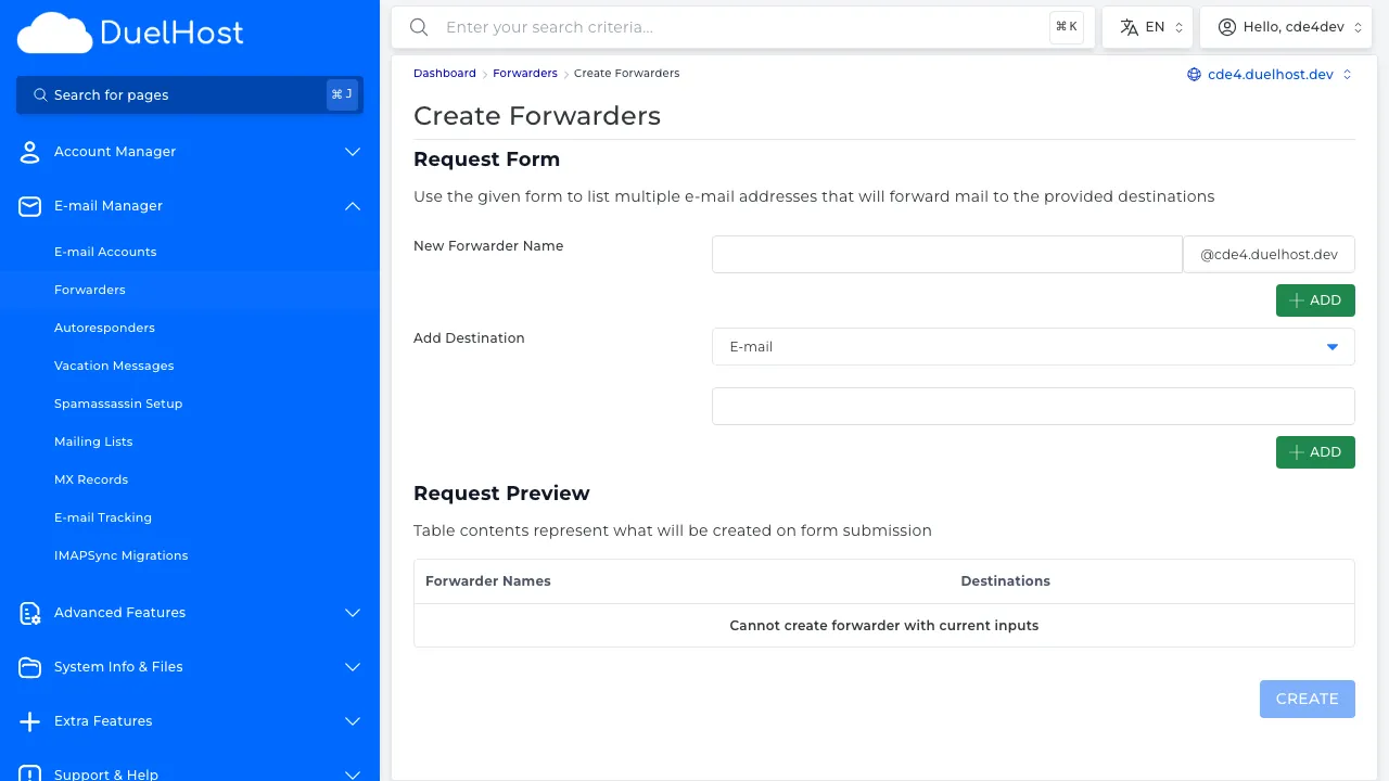 Step 6: View the form — enter the sender email and destination email, then click 'CREATE FORWARDER' to create